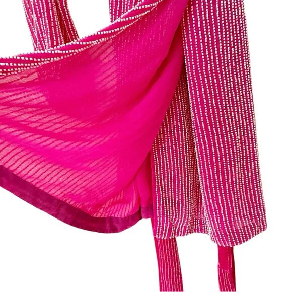 Karina Grimaldi Velvet Trim Party Chiffon Beaded Mini Wrap Robe Dress in Pink - Picture 5 of 11